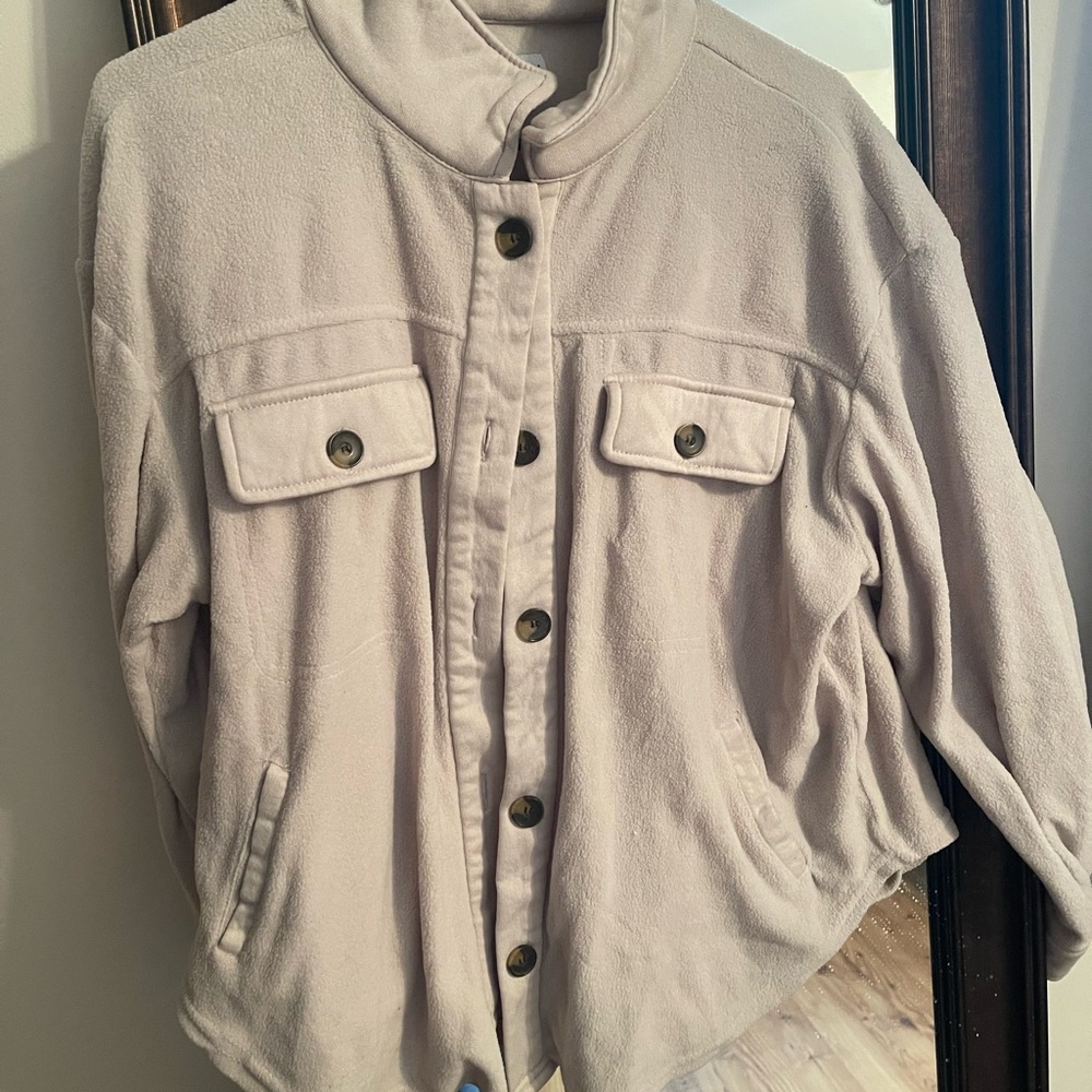 Cream Teddy Jacket with Stand-Up Collar and Oversized Fit